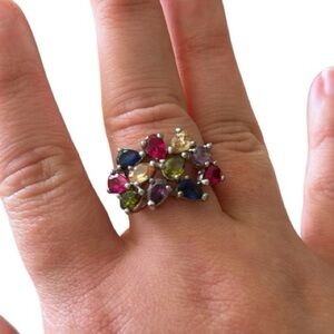 Statement Cocktail Fashion Ring Multicolor Stones Silver Band 8 GUC